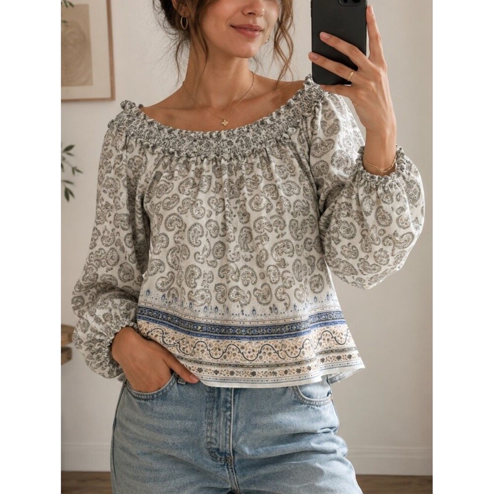 Max Studio Paisley On or Off Shoulder Top Blouse Lightweight Size L